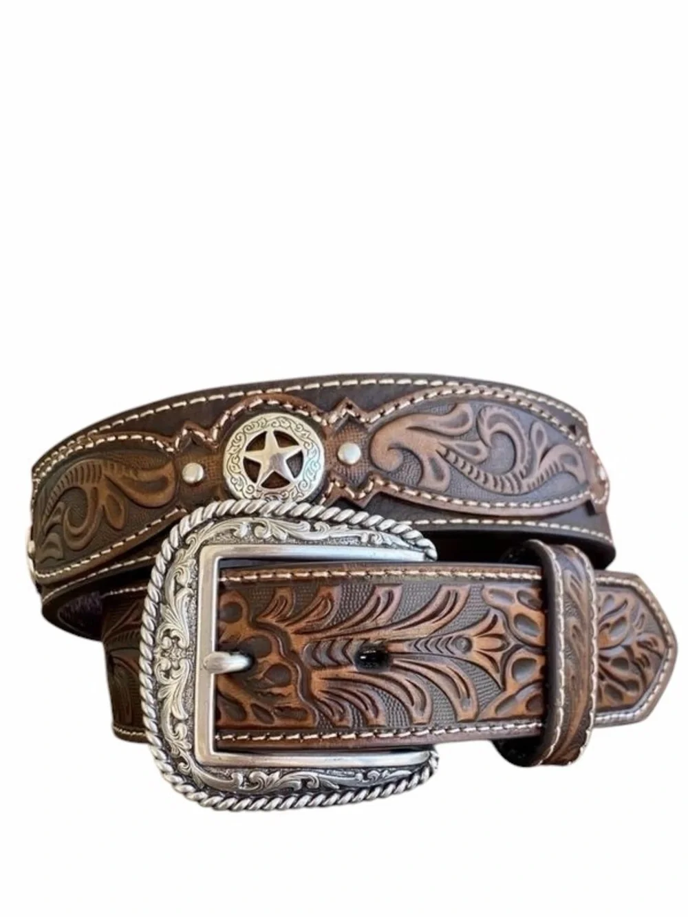 NWT Ariat Tooled Leather Western Belt Brown Silver Buckle Star Concho Size 32